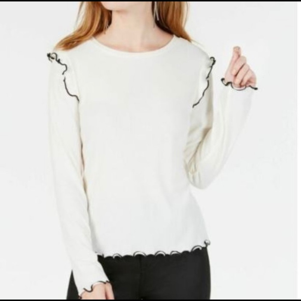 White Long-sleeve Ribbed Ruffle Detail Shirt